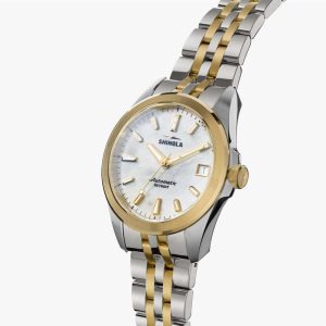 Elegant Shinola watch featuring stainless steel, gold accents, and a stunning mother-of-pearl dial.