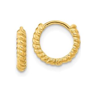 Elegant yellow gold rope hoop earrings with intricate texture, perfect for any occasion.