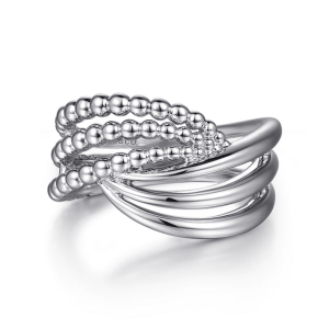 Contemporary silver ring with intertwined bands and textured beads, perfect for any occasion.