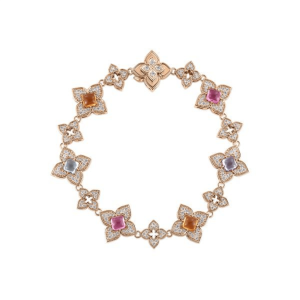 Elegant floral rose gold necklace with colorful gemstones and diamond accents for sophisticated jewelry lovers.