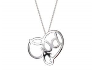 Elegant heart-shaped pendant necklace featuring interconnected letters in polished silver.