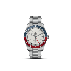 Tudor GMT watch with stainless steel case, white dial, and vibrant red-blue bezel.