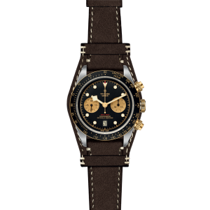 Elegant Tudor watch with stainless steel case, black dial, gold accents, and leather strap.