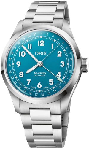 Oris Big Crown Automatic watch featuring a vibrant turquoise dial and stainless steel bracelet.