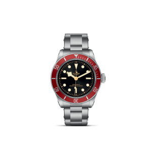 Tudor dive watch with stainless steel case, black dial, and red bezel for underwater adventures.