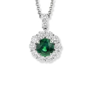 Stunning emerald pendant necklace with diamond halo, showcasing elegance and fine jewelry craftsmanship.
