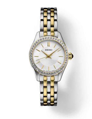 Elegant Seiko watch with crystal bezel, two-tone bracelet, and sophisticated white sunburst dial.