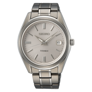 Elegant Seiko titanium watch with brushed dial, minimalist markers, and luminescent hands.