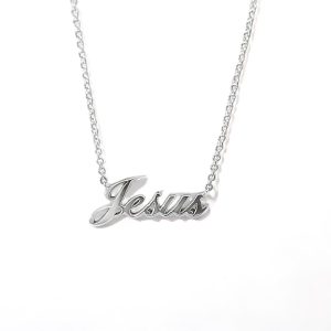 Elegant silver necklace with Jesus pendant, combining faith and fashion in a stylish design.