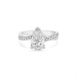Elegant pear-shaped diamond engagement ring with sparkling accent stones in a refined white gold band.