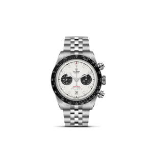 Tudor luxury chronograph watch with stainless steel case and contrasting black bezel, stylish design.
