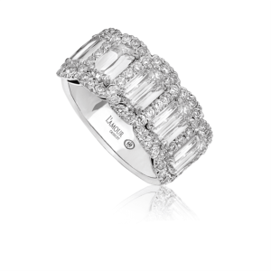 Stunning silver ring with emerald-cut diamonds and halo design for luxurious elegance.