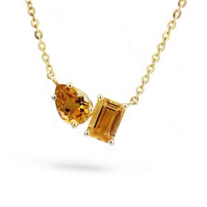 Elegant gold necklace with pear and rectangular yellow gemstones, perfect for any occasion.