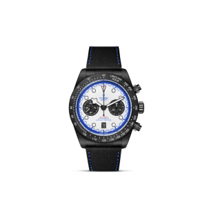 Tudor chronograph watch with black case, blue accents, and white dial for sporty elegance.