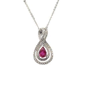 Elegant silver infinity pendant with ruby and diamonds for timeless jewelry sophistication.