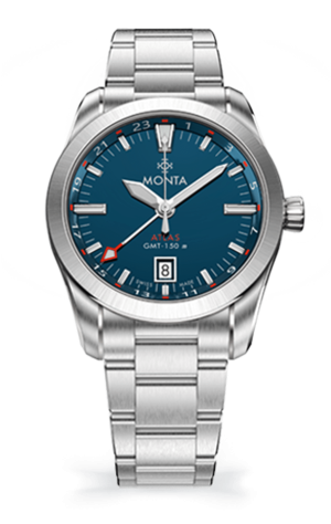 Monta Atlas watch with blue dial, stainless steel case, and GMT function for travelers.