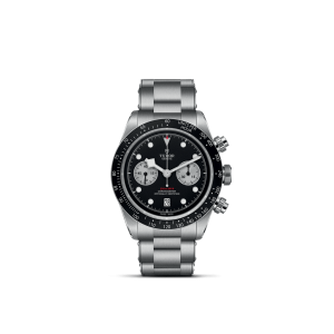 Elegant Tudor chronograph watch featuring a stainless steel case, black dial, and sporty design.