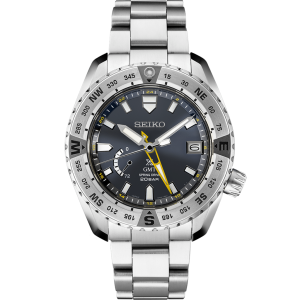 Sleek Seiko stainless steel watch with blue dial, luminous hands, date display, and rotating bezel.