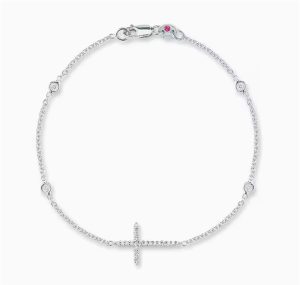 Elegant silver bracelet with a cross pendant, featuring sparkling stones and intricate links.