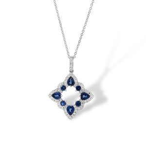Geometric sapphire pendant necklace with diamond halo, showcasing elegance and timeless charm.