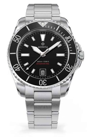 Monta Ocean King dive watch features a black dial, luminous hands, and a stainless steel bracelet.