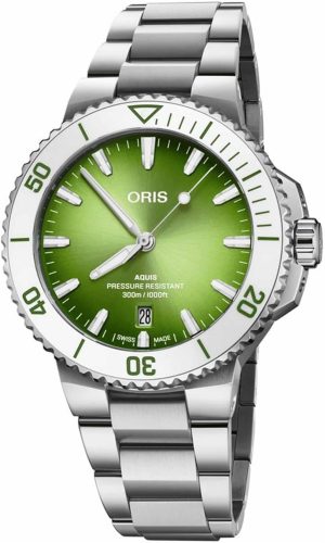 Oris Aquis diving watch features a vibrant green dial and durable stainless steel design.