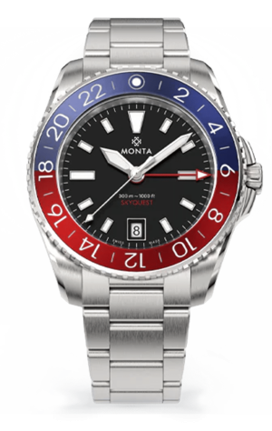 Stylish GMT watch with a black dial, bi-color bezel, and luminous markers for travelers.