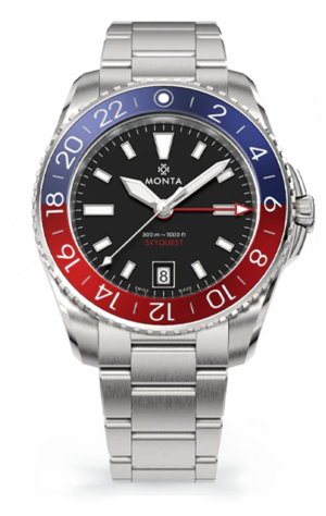 Monta Skyquest watch features a black dial, GMT complication, and a stylish two-tone bezel.