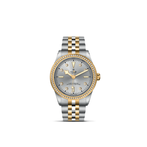 Elegant Tudor watch with silver and gold tones, grey dial, diamond hour markers, and stylish bracelet.