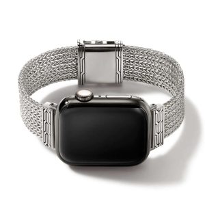 Elegant smartwatch with a sleek design, black display, and mesh strap for modern style.