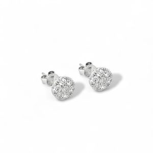 Elegant round stud earrings with sparkling gemstones in polished silver, perfect for any occasion.