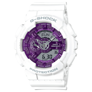 Stylish G-Shock watch by Casio with white casing and vibrant purple dial. Perfect for active lifestyles.