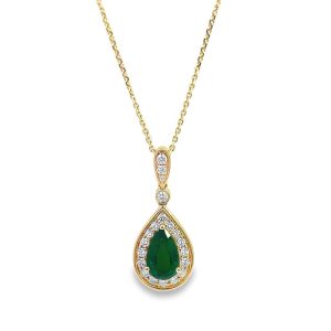 Elegant gold pendant necklace featuring a radiant green gemstone and sparkling diamonds.