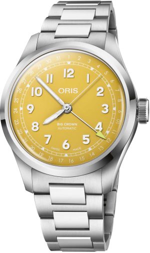 Bright yellow dial Swiss automatic watch with bold numerals and stainless steel bracelet for style.