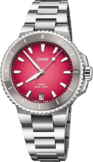 Oris Aquis watch with red dial, stainless steel case, and durable design for diving.