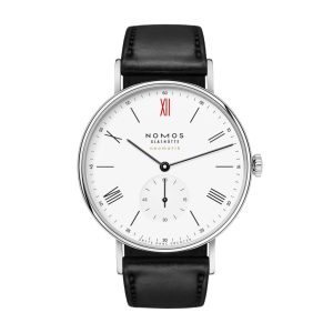 Elegant NOMOS Glashütte watch with minimalist design, Roman numerals, and sophisticated leather strap.