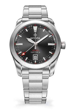 Sleek Monta Atlas GMT watch features a stainless steel case and striking black dial.