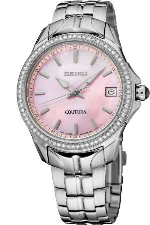 Seiko Coutura watch with pink mother-of-pearl dial and crystal bezel for elegant style.
