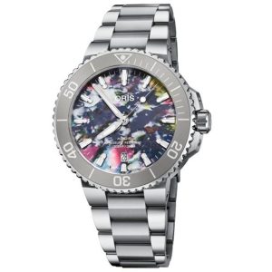 Oris diving watch features stainless steel design, vibrant ocean-inspired dial, and luminescent hands.