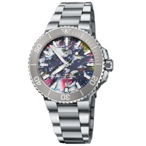 Oris diving watch features stainless steel design, vibrant ocean-inspired dial, and luminescent hands.