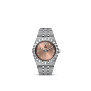 Tudor stainless steel watch with rosy dial and diamond markers, blending elegance and luxury.