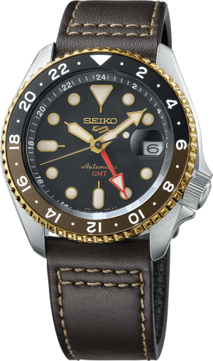 Seiko automatic GMT watch with brown leather strap and rotating bezel for stylish functionality.