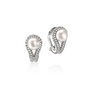 Elegant pearl earrings with sparkling stones, crafted from white gold, perfect for any occasion.