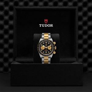 Luxurious Tudor chronograph watch in elegant presentation box, showcasing sophisticated design and craftsmanship.