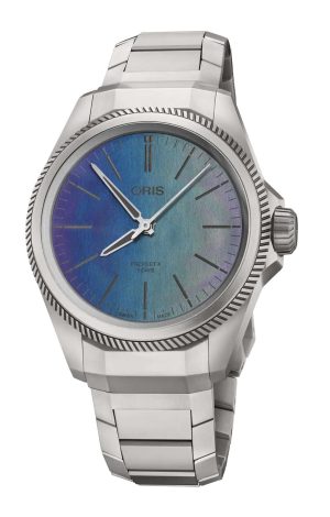 Stylish ORIS Pro Pilot X watch features a blue gradient dial and stainless steel bracelet.