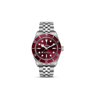 Elegant Tudor dive watch with burgundy dial, stainless steel case, and durable rotating bezel.