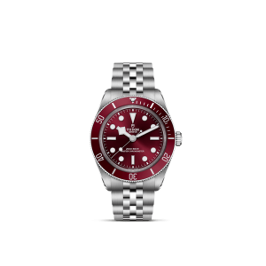 Elegant Tudor dive watch with burgundy dial, stainless steel case, and durable rotating bezel.