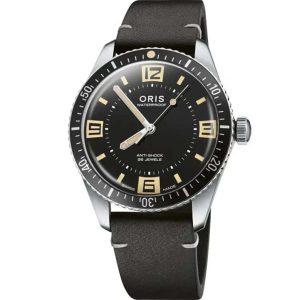 Sleek ORIS watch with black dial, waterproof design, and black leather strap for stylish functionality.