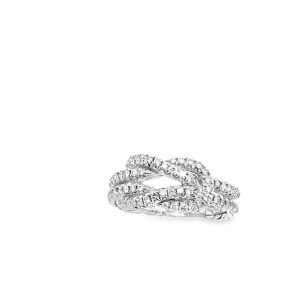 Elegant intertwined ring with sparkling gemstones, crafted from lustrous white metal for luxury.