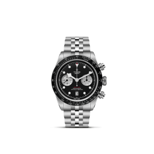 Elegant Tudor chronograph watch with stainless steel case, black dial, and tachymetric scale.